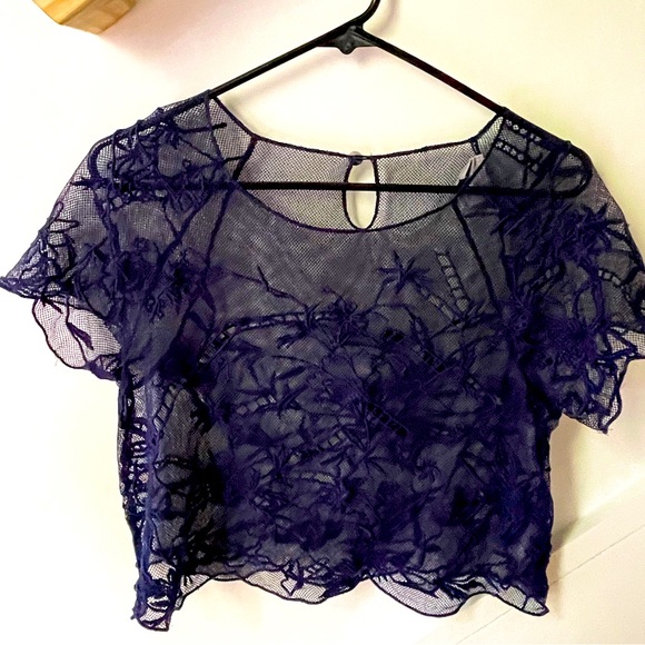 Anthropologie Vanessa Virginia Sheer crop top mesh cutout in Navy - Picture 3 of 4